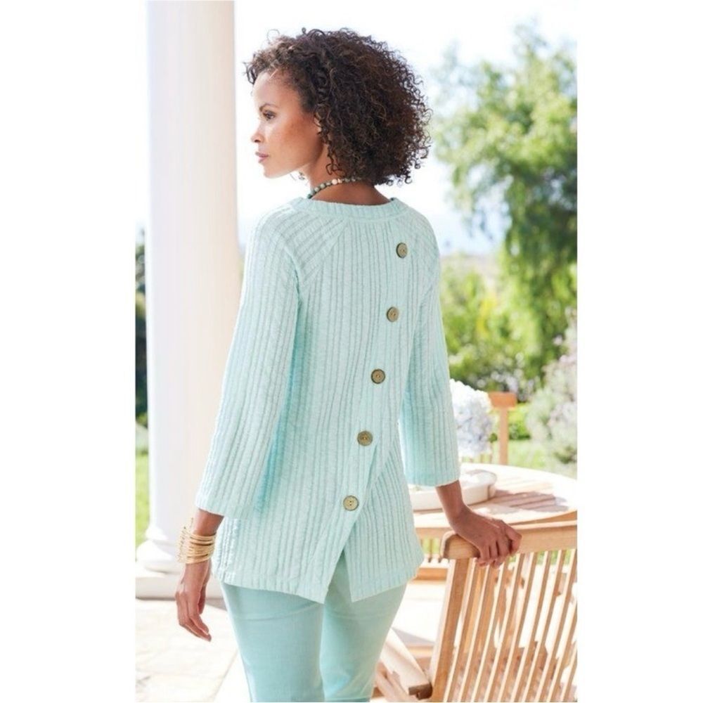 Soft Surroundings Goldie Ribbed Textured Back Button Tunic Top Aqua Green Medium